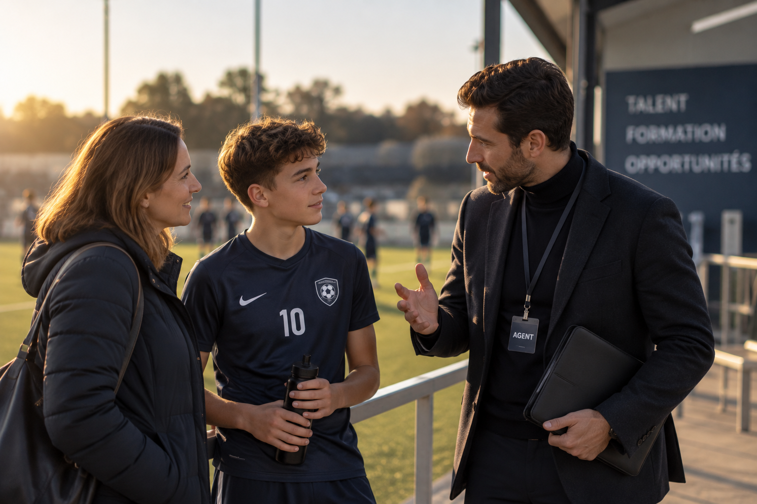 Un jeune joueur, un parent et un professionnel du football réunis